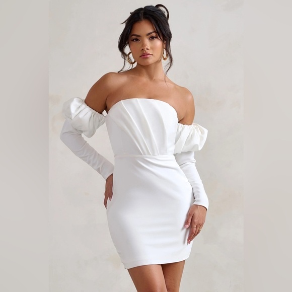 Club L London Dresses & Skirts - NWT Club L London Bardot Puff Long Sleeve Mini Dress White Size 4 Wedding Bride